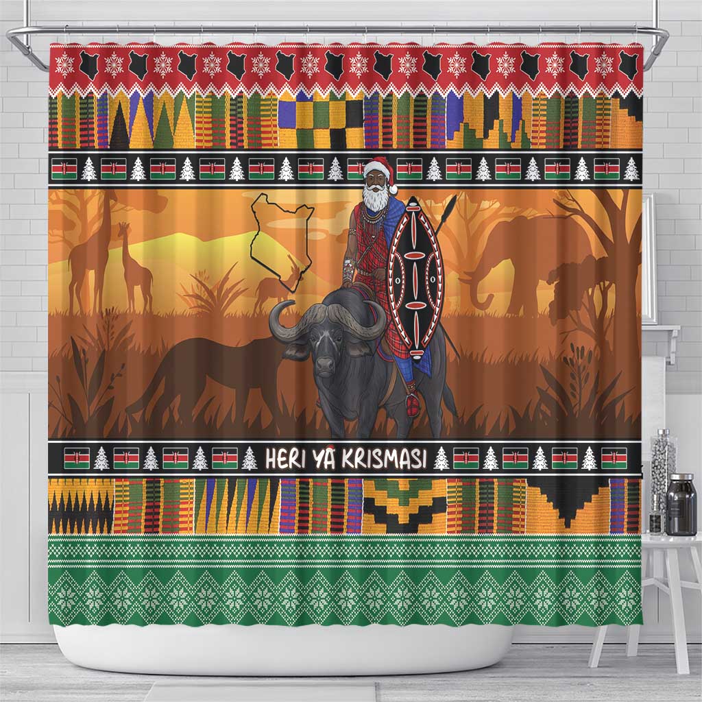 Afro Christmas in Kenya Safari Shower Curtain Black Santa Riding Cape Buffalo - African Pride