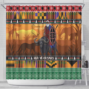 Afro Christmas in Kenya Safari Shower Curtain Black Santa Riding Cape Buffalo - African Pride