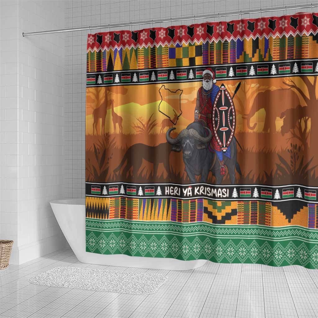 Afro Christmas in Kenya Safari Shower Curtain Black Santa Riding Cape Buffalo - African Pride