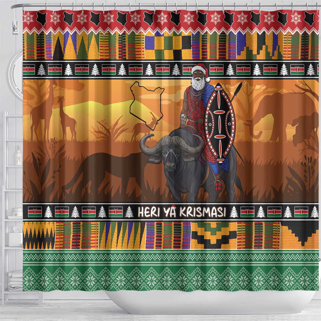 Afro Christmas in Kenya Safari Shower Curtain Black Santa Riding Cape Buffalo - African Pride
