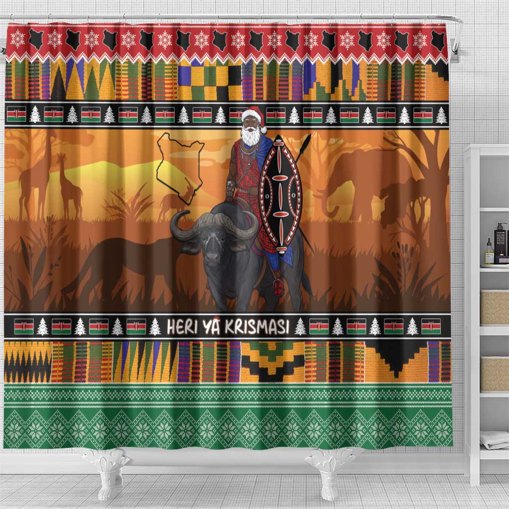 Afro Christmas in Kenya Safari Shower Curtain Black Santa Riding Cape Buffalo - African Pride