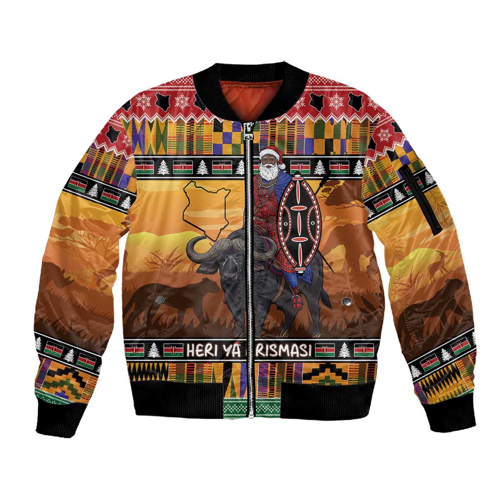 Afro Christmas in Kenya Safari Sleeve Zip Bomber Jacket Black Santa Riding Cape Buffalo - African Pride