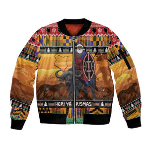Afro Christmas in Kenya Safari Sleeve Zip Bomber Jacket Black Santa Riding Cape Buffalo - African Pride