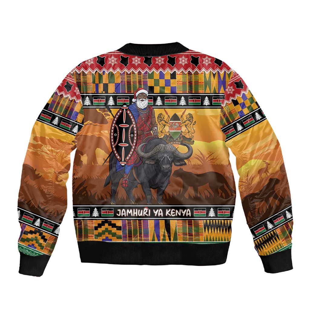 Afro Christmas in Kenya Safari Sleeve Zip Bomber Jacket Black Santa Riding Cape Buffalo - African Pride