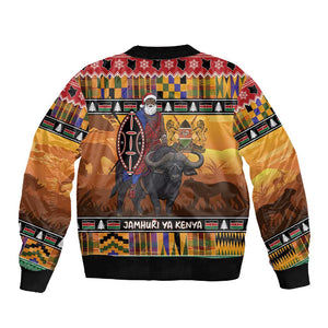 Afro Christmas in Kenya Safari Sleeve Zip Bomber Jacket Black Santa Riding Cape Buffalo - African Pride