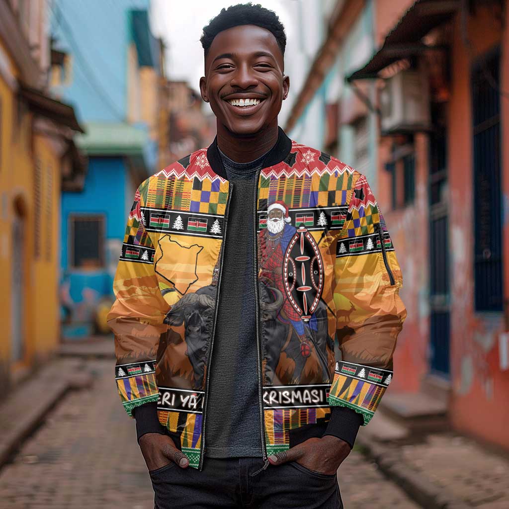 Afro Christmas in Kenya Safari Sleeve Zip Bomber Jacket Black Santa Riding Cape Buffalo - African Pride