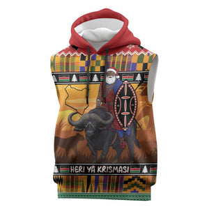 Afro Christmas in Kenya Safari Sleeveless Hoodie Black Santa Riding Cape Buffalo - African Pride