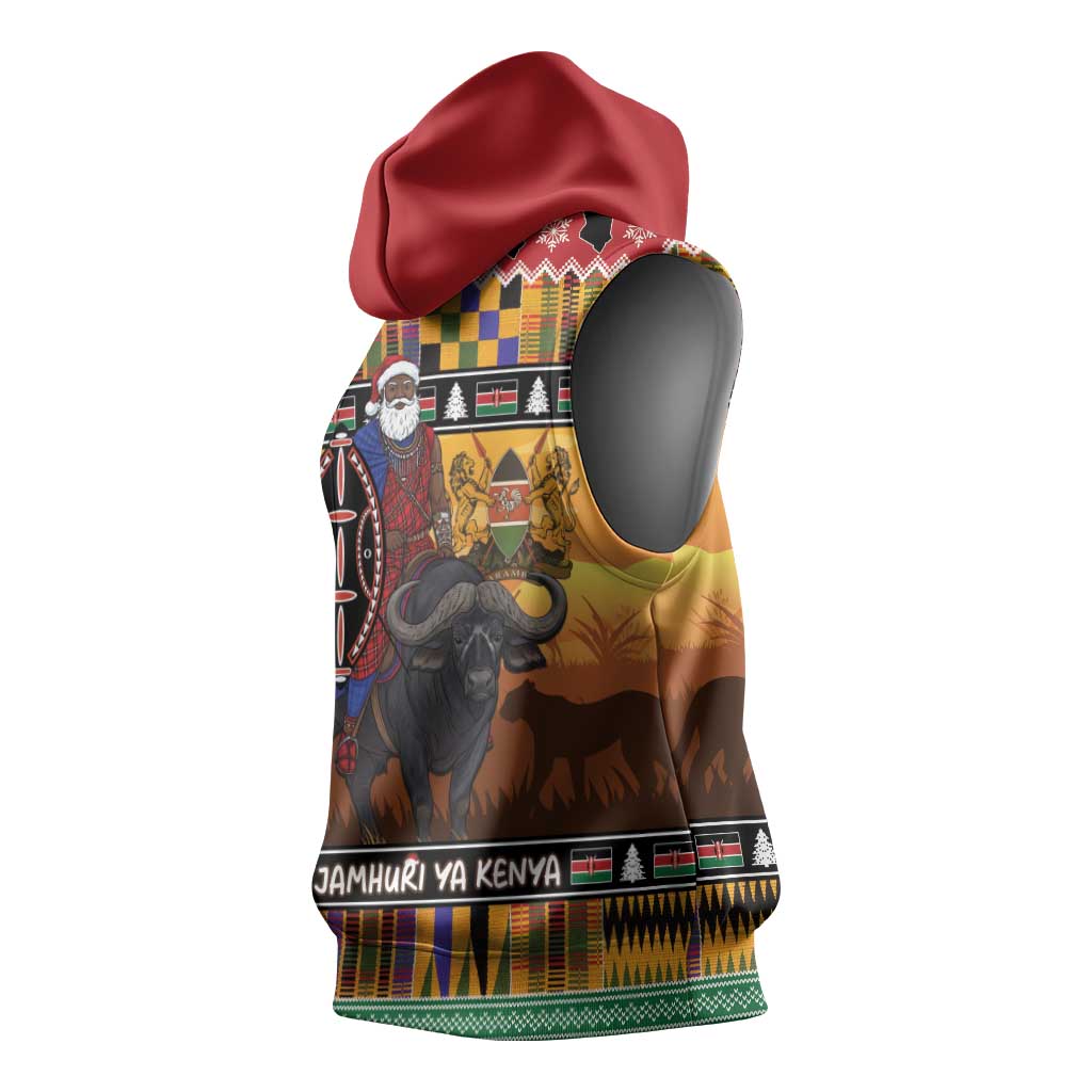 Afro Christmas in Kenya Safari Sleeveless Hoodie Black Santa Riding Cape Buffalo - African Pride