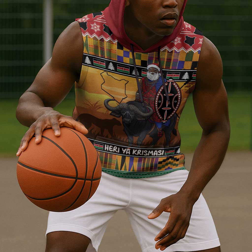 Afro Christmas in Kenya Safari Sleeveless Hoodie Black Santa Riding Cape Buffalo - African Pride