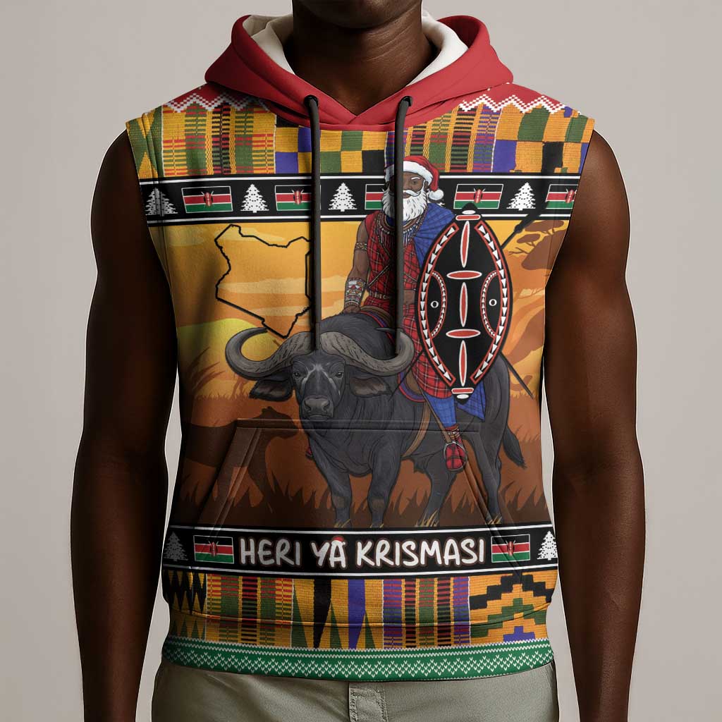 Afro Christmas in Kenya Safari Sleeveless Hoodie Black Santa Riding Cape Buffalo - African Pride