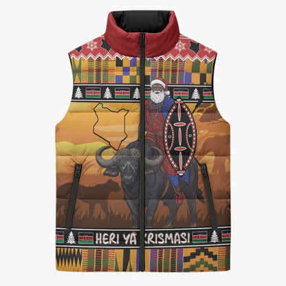 Kenya Safari Christmas Sleeveless Puffer Jacket Black Santa Riding Cape Buffalo - Heri ya Krismasi