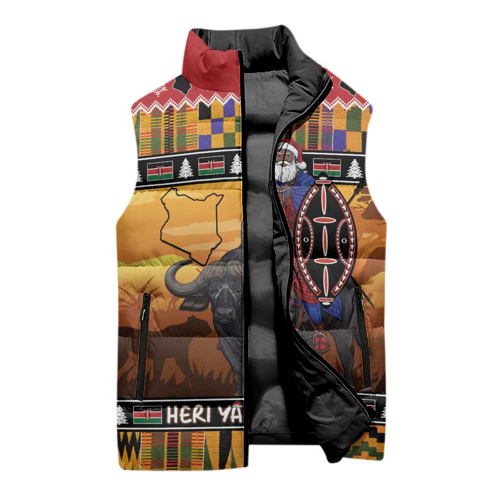 Kenya Safari Christmas Sleeveless Puffer Jacket Black Santa Riding Cape Buffalo - Heri ya Krismasi
