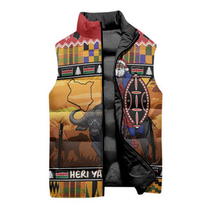 Kenya Safari Christmas Sleeveless Puffer Jacket Black Santa Riding Cape Buffalo - Heri ya Krismasi