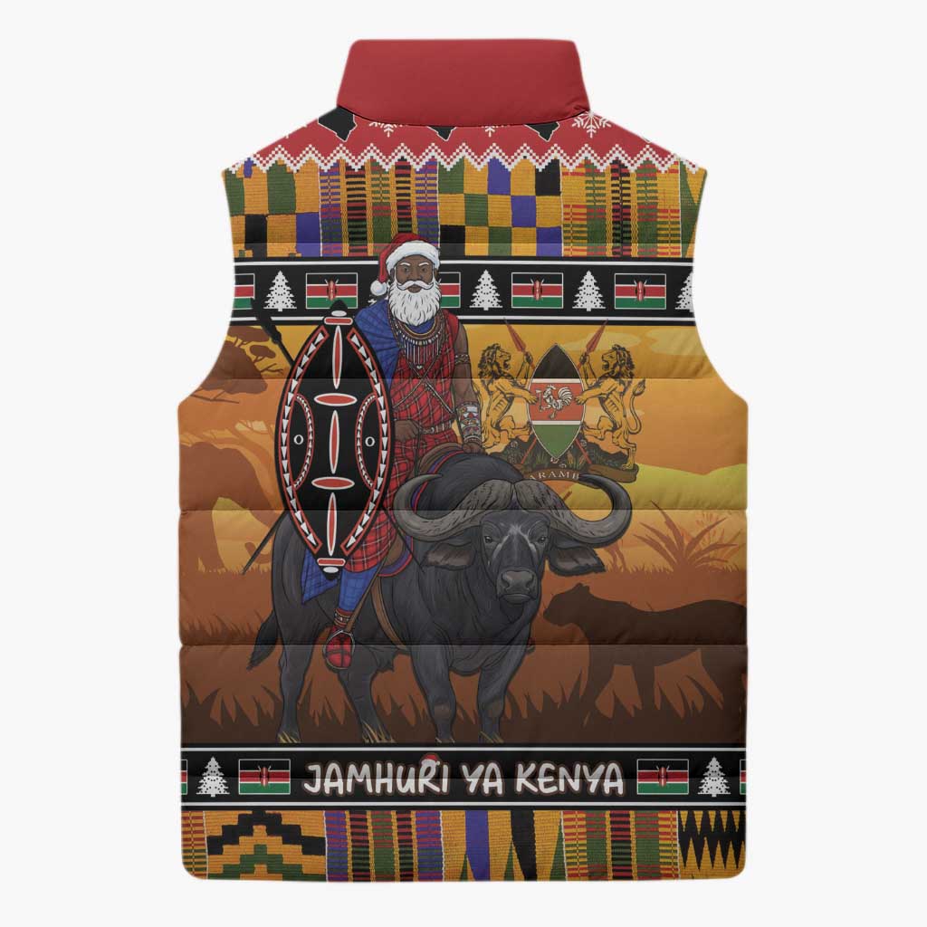 Kenya Safari Christmas Sleeveless Puffer Jacket Black Santa Riding Cape Buffalo - Heri ya Krismasi