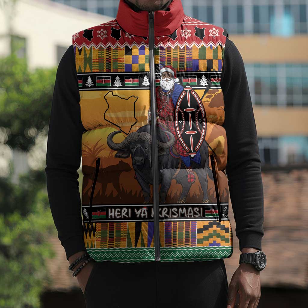 Kenya Safari Christmas Sleeveless Puffer Jacket Black Santa Riding Cape Buffalo - Heri ya Krismasi