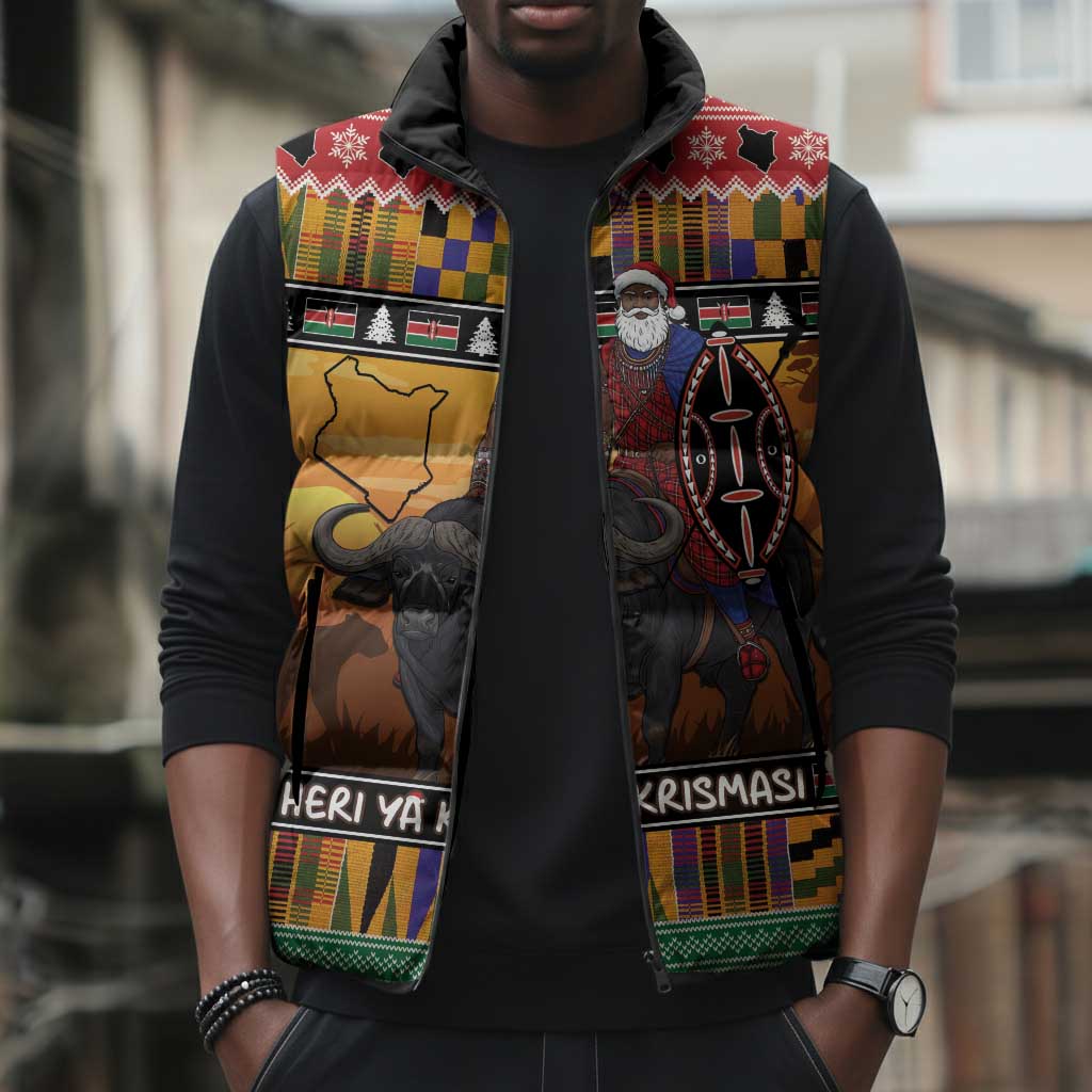 Kenya Safari Christmas Sleeveless Puffer Jacket Black Santa Riding Cape Buffalo - Heri ya Krismasi