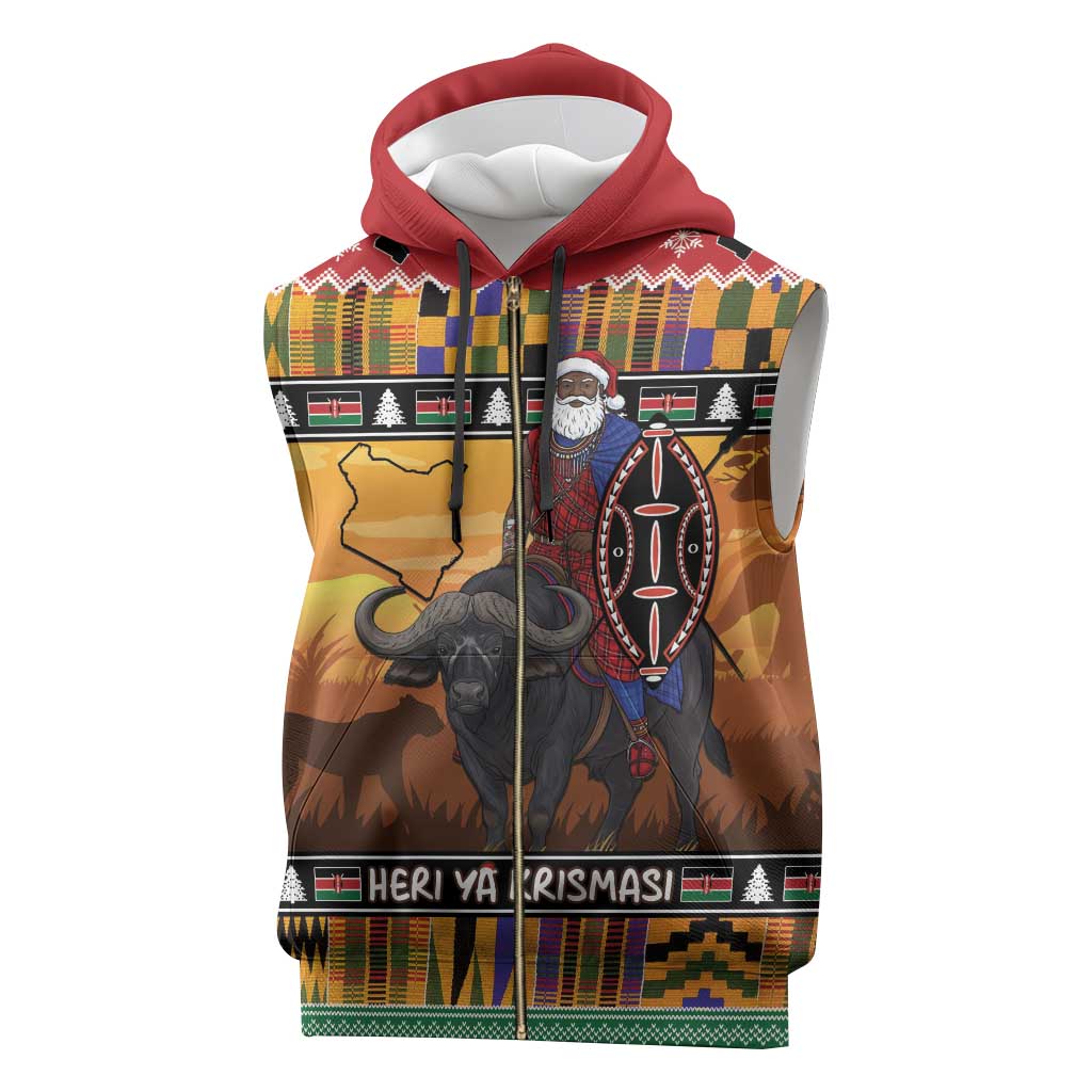 Afro Christmas in Kenya Safari Sleeveless Zip Hoodie Black Santa Riding Cape Buffalo - African Pride