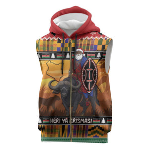 Afro Christmas in Kenya Safari Sleeveless Zip Hoodie Black Santa Riding Cape Buffalo - African Pride