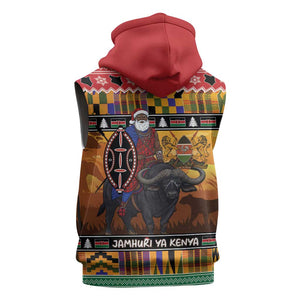 Afro Christmas in Kenya Safari Sleeveless Zip Hoodie Black Santa Riding Cape Buffalo - African Pride