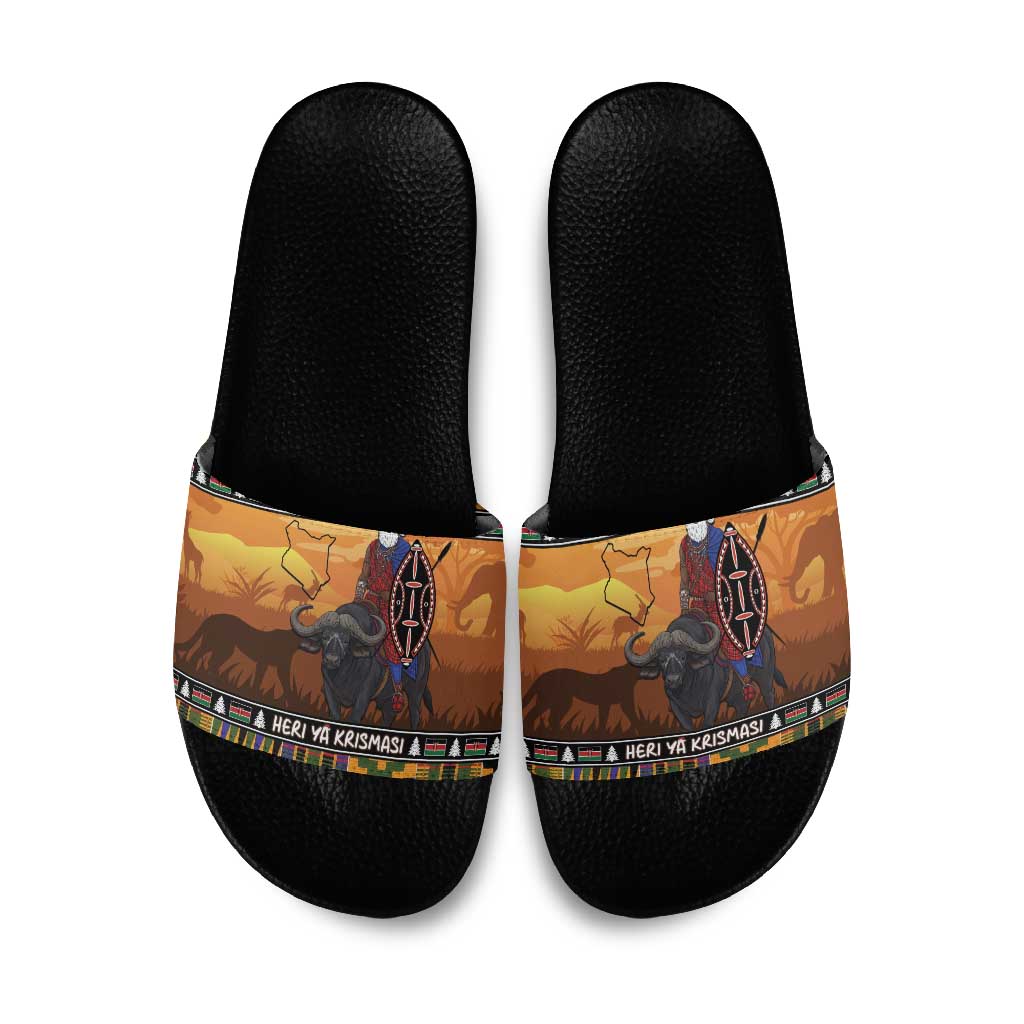 Kenya Safari Christmas Slide Sandals Black Santa Riding Cape Buffalo - Heri ya Krismasi