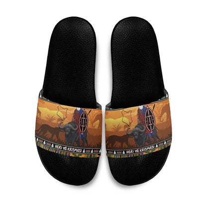 Kenya Safari Christmas Slide Sandals Black Santa Riding Cape Buffalo - Heri ya Krismasi