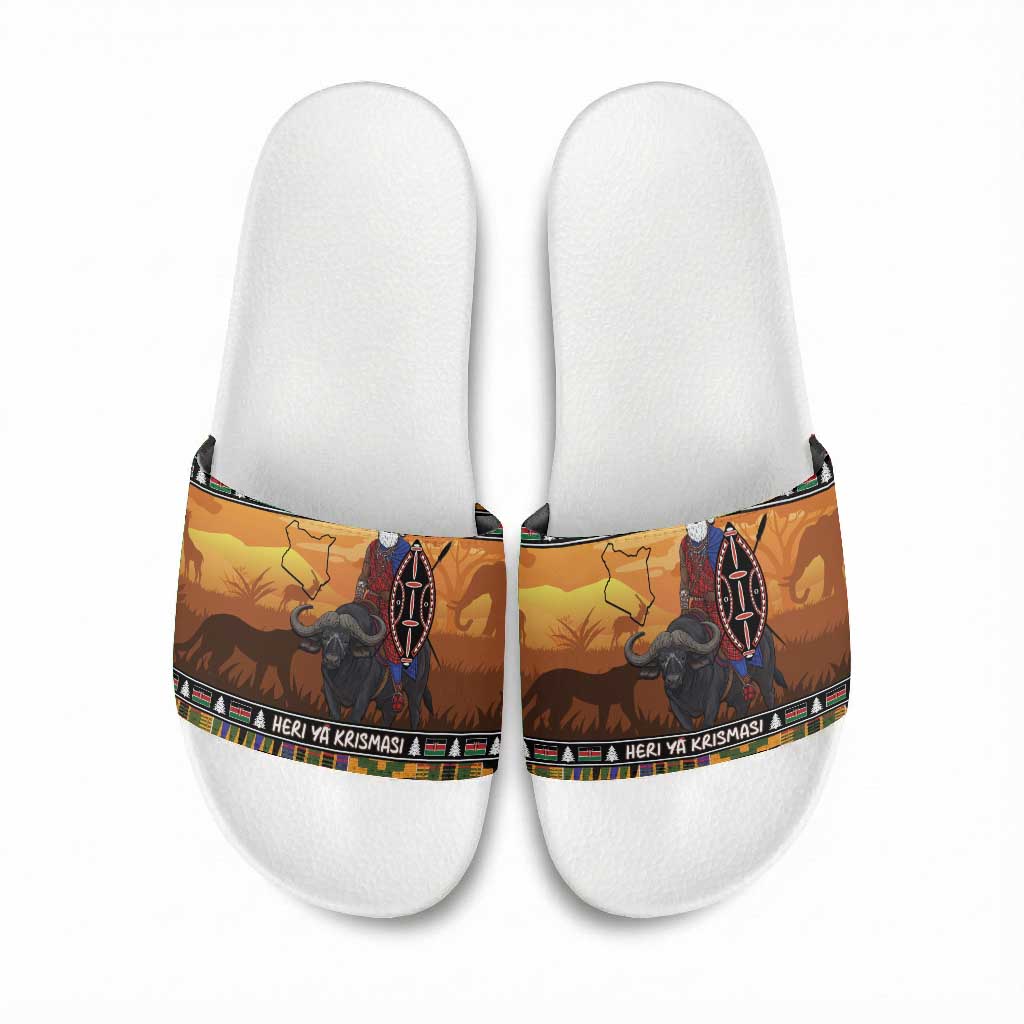 Kenya Safari Christmas Slide Sandals Black Santa Riding Cape Buffalo - Heri ya Krismasi