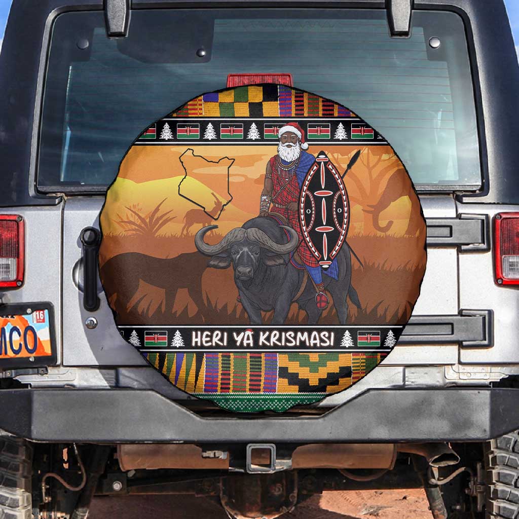 Afro Christmas in Kenya Safari Spare Tire Cover Black Santa Riding Cape Buffalo - African Pride
