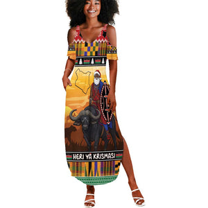 Afro Christmas in Kenya Safari Summer Maxi Dress Black Santa Riding Cape Buffalo - African Pride