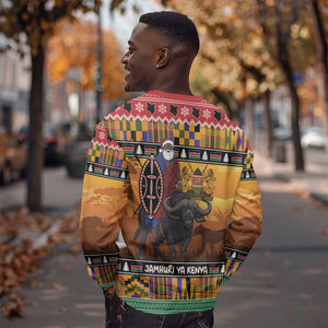 Afro Christmas in Kenya Safari Sweatshirt Black Santa Riding Cape Buffalo - African Pride