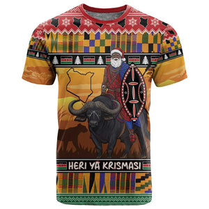 Afro Christmas in Kenya Safari T shirt Black Santa Riding Cape Buffalo - African Pride