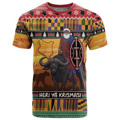 Afro Christmas in Kenya Safari T shirt Black Santa Riding Cape Buffalo - African Pride