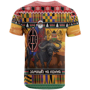 Afro Christmas in Kenya Safari T shirt Black Santa Riding Cape Buffalo - African Pride