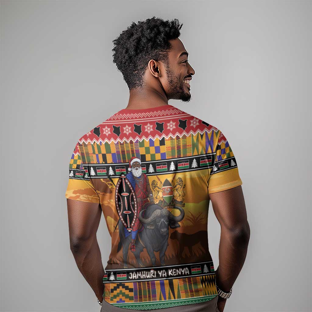Afro Christmas in Kenya Safari T shirt Black Santa Riding Cape Buffalo - African Pride