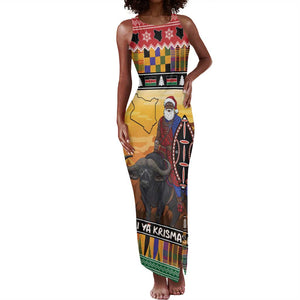 Afro Christmas in Kenya Safari Tank Maxi Dress Black Santa Riding Cape Buffalo - African Pride