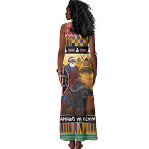 Afro Christmas in Kenya Safari Tank Maxi Dress Black Santa Riding Cape Buffalo - African Pride