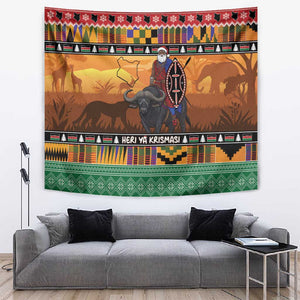Afro Christmas in Kenya Safari Tapestry Black Santa Riding Cape Buffalo - African Pride