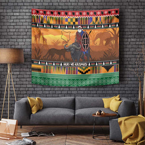 Afro Christmas in Kenya Safari Tapestry Black Santa Riding Cape Buffalo - African Pride