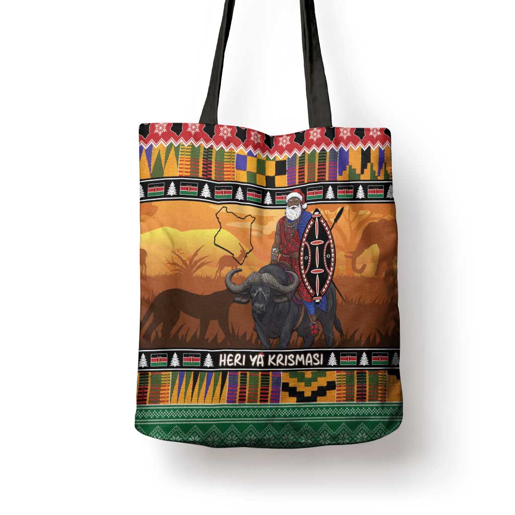 Kenya Safari Christmas Tote Bag Black Santa Riding Cape Buffalo - Heri ya Krismasi