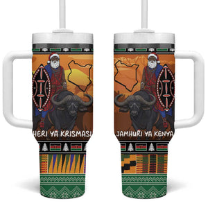 Afro Christmas in Kenya Safari Tumbler With Handle Black Santa Riding Cape Buffalo - African Pride