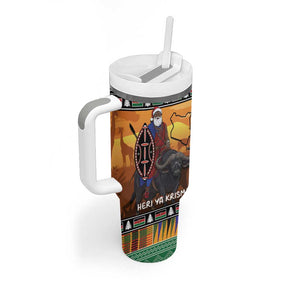 Afro Christmas in Kenya Safari Tumbler With Handle Black Santa Riding Cape Buffalo - African Pride