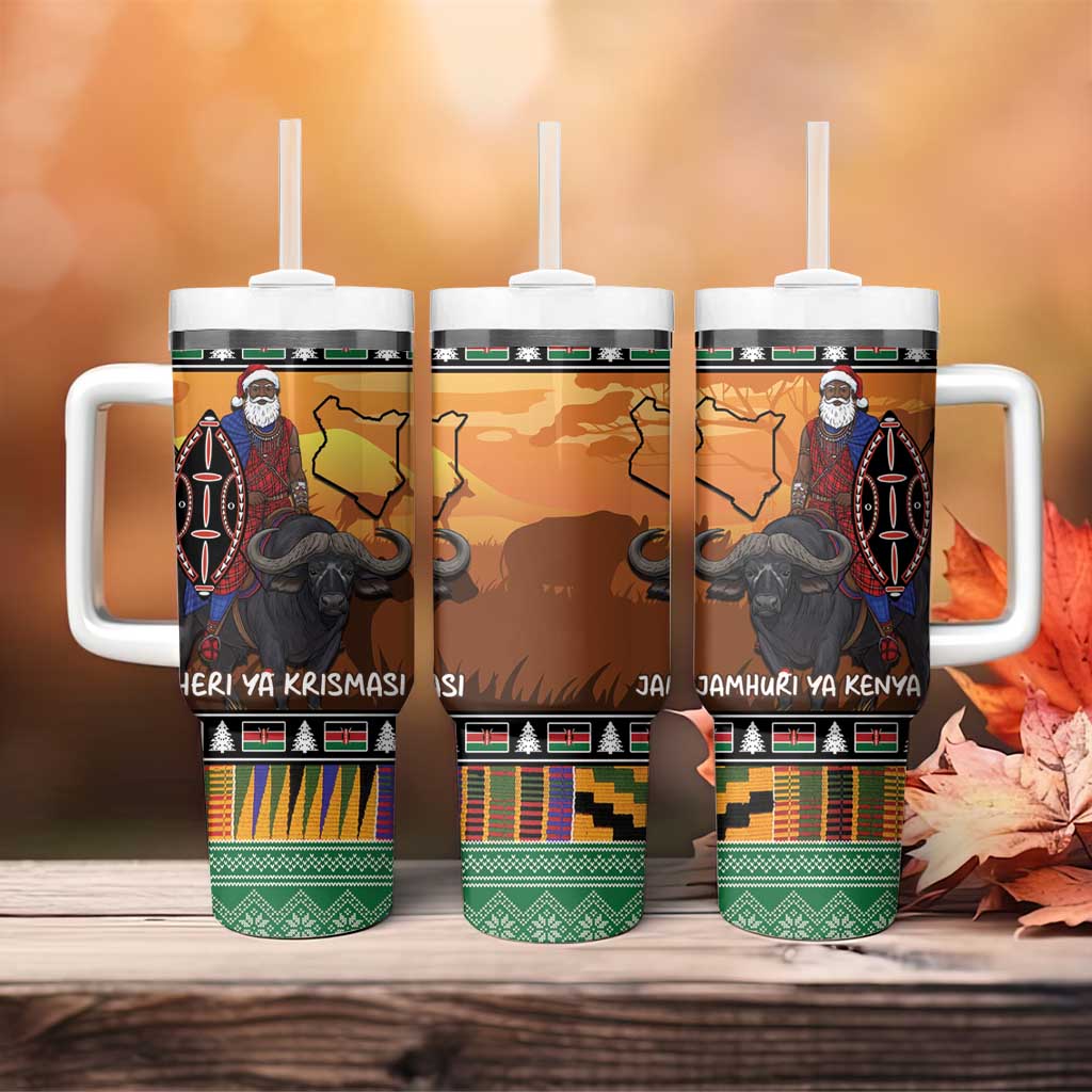 Afro Christmas in Kenya Safari Tumbler With Handle Black Santa Riding Cape Buffalo - African Pride
