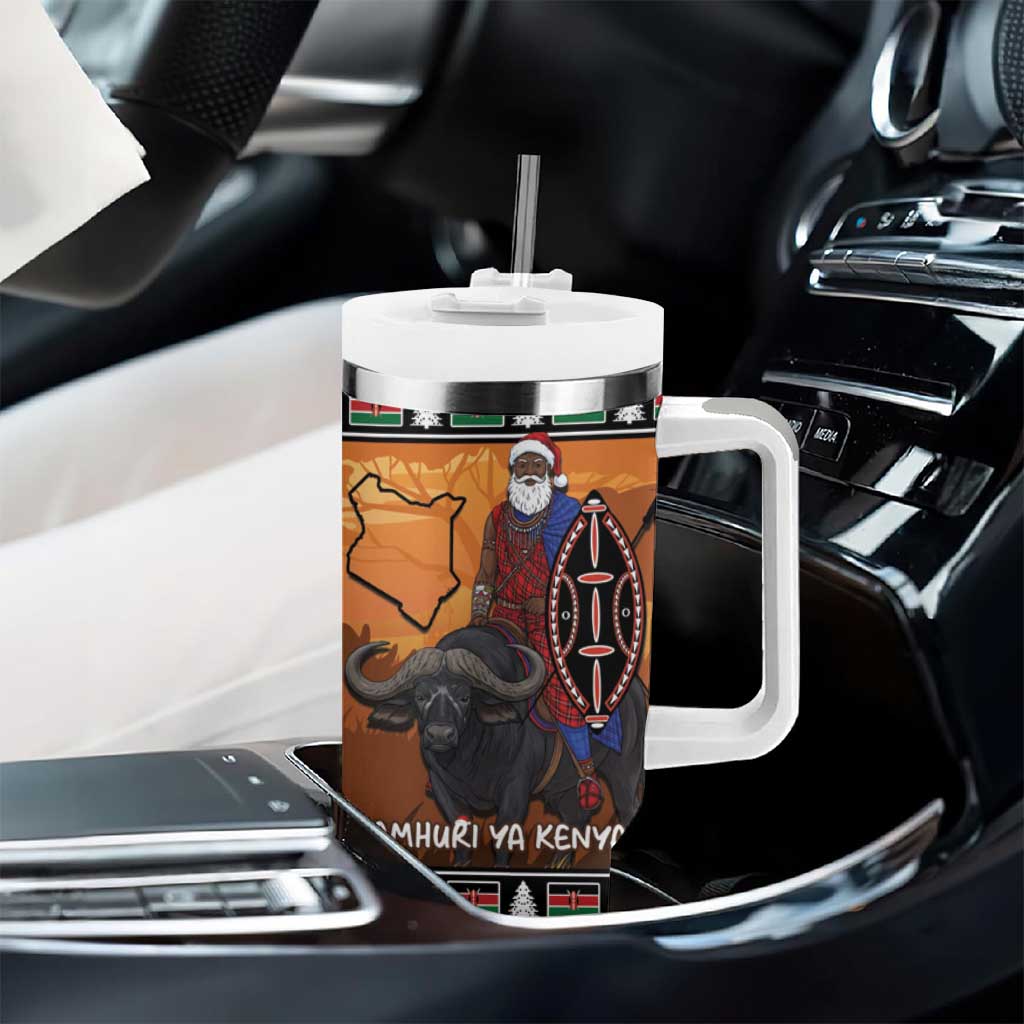 Afro Christmas in Kenya Safari Tumbler With Handle Black Santa Riding Cape Buffalo - African Pride