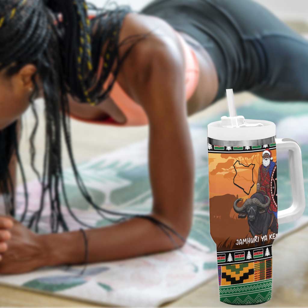 Afro Christmas in Kenya Safari Tumbler With Handle Black Santa Riding Cape Buffalo - African Pride