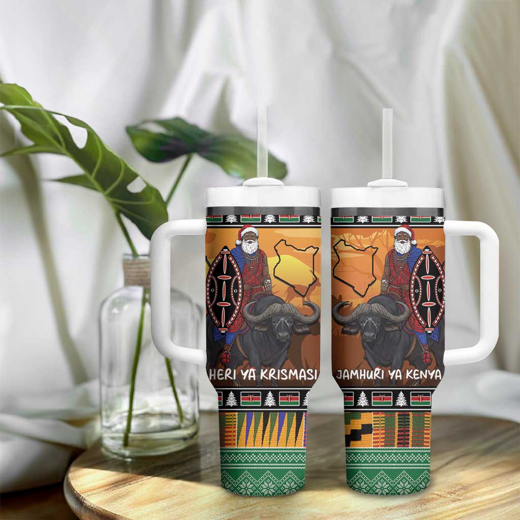 Afro Christmas in Kenya Safari Tumbler With Handle Black Santa Riding Cape Buffalo - African Pride