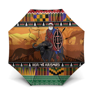 Kenya Safari Christmas Umbrella Black Santa Riding Cape Buffalo - Heri ya Krismasi