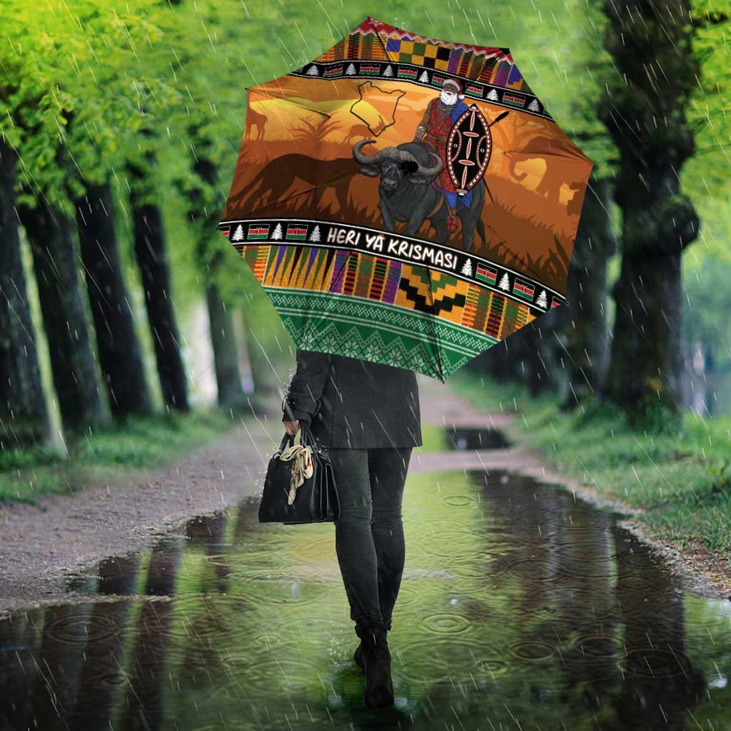 Kenya Safari Christmas Umbrella Black Santa Riding Cape Buffalo - Heri ya Krismasi