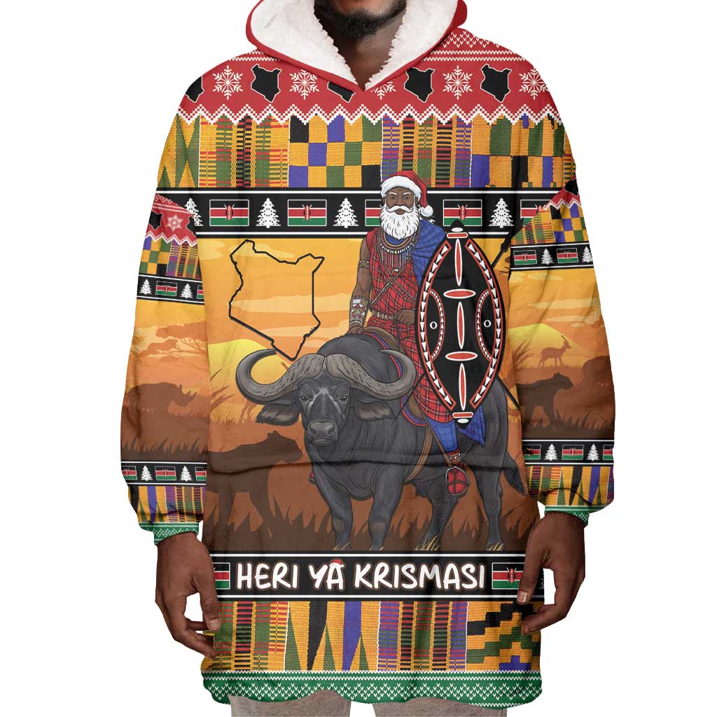 Afro Christmas in Kenya Safari Wearable Blanket Hoodie Black Santa Riding Cape Buffalo - African Pride