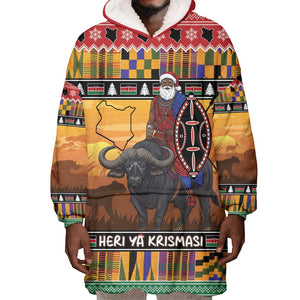 Afro Christmas in Kenya Safari Wearable Blanket Hoodie Black Santa Riding Cape Buffalo - African Pride