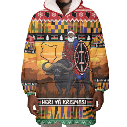 Afro Christmas in Kenya Safari Wearable Blanket Hoodie Black Santa Riding Cape Buffalo - African Pride