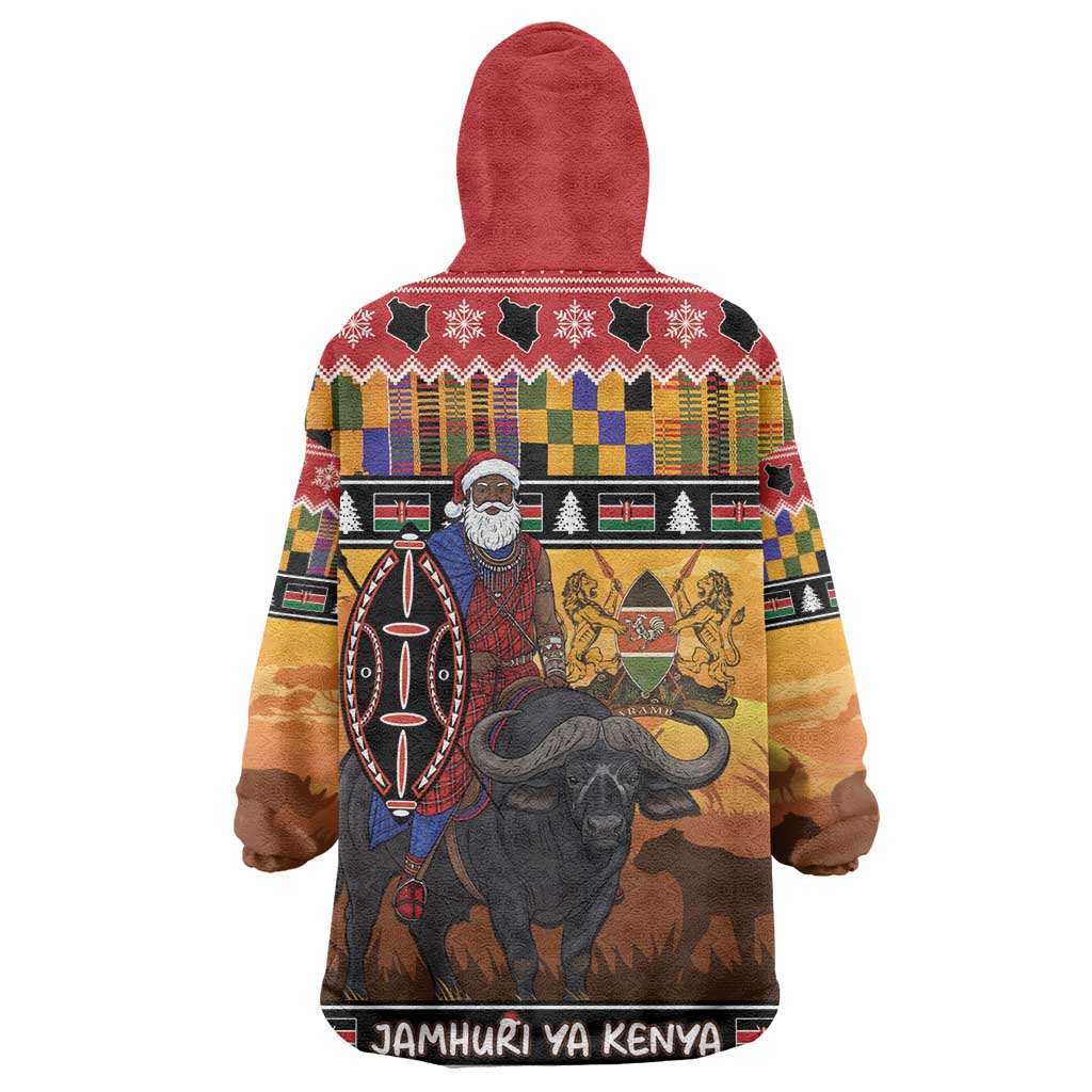 Afro Christmas in Kenya Safari Wearable Blanket Hoodie Black Santa Riding Cape Buffalo - African Pride
